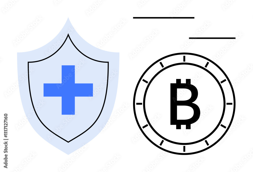Obraz premium Shield with blue medical cross beside Bitcoin coin under two horizontal lines. Ideal for healthcare, cryptocurrency, finance, security, blockchain, digital transactions, and insurance themes. Line