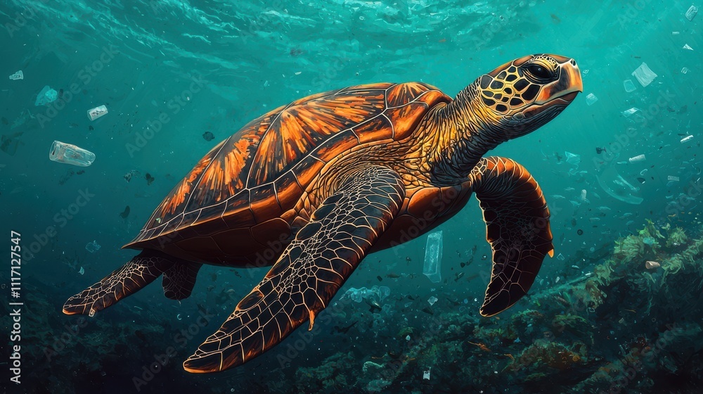 Fototapeta premium Animal pollution microplastics. Underwater turtle swimming amidst marine debris.