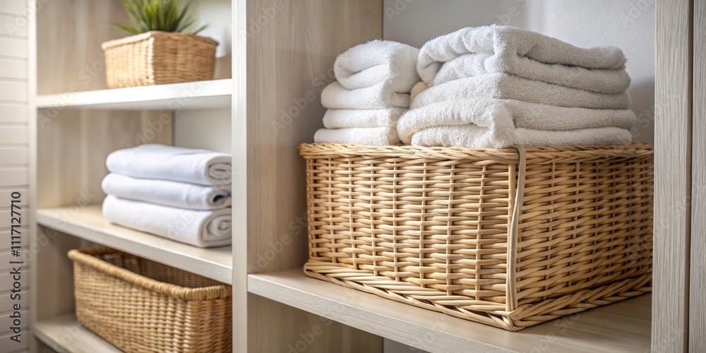 Neatly Folded Clean Towels in a Minimalist Bathroom Closet with Wicker Basket for Organized Housekeeping and Fresh Laundry Aesthetic in a Modern Home Environment