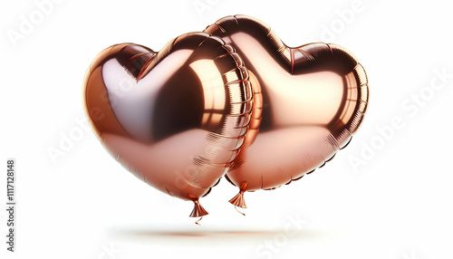 Valentine Two metallic rose gold heart-shaped balloons floating side by side, reflecting light, isolated on a 4 photo