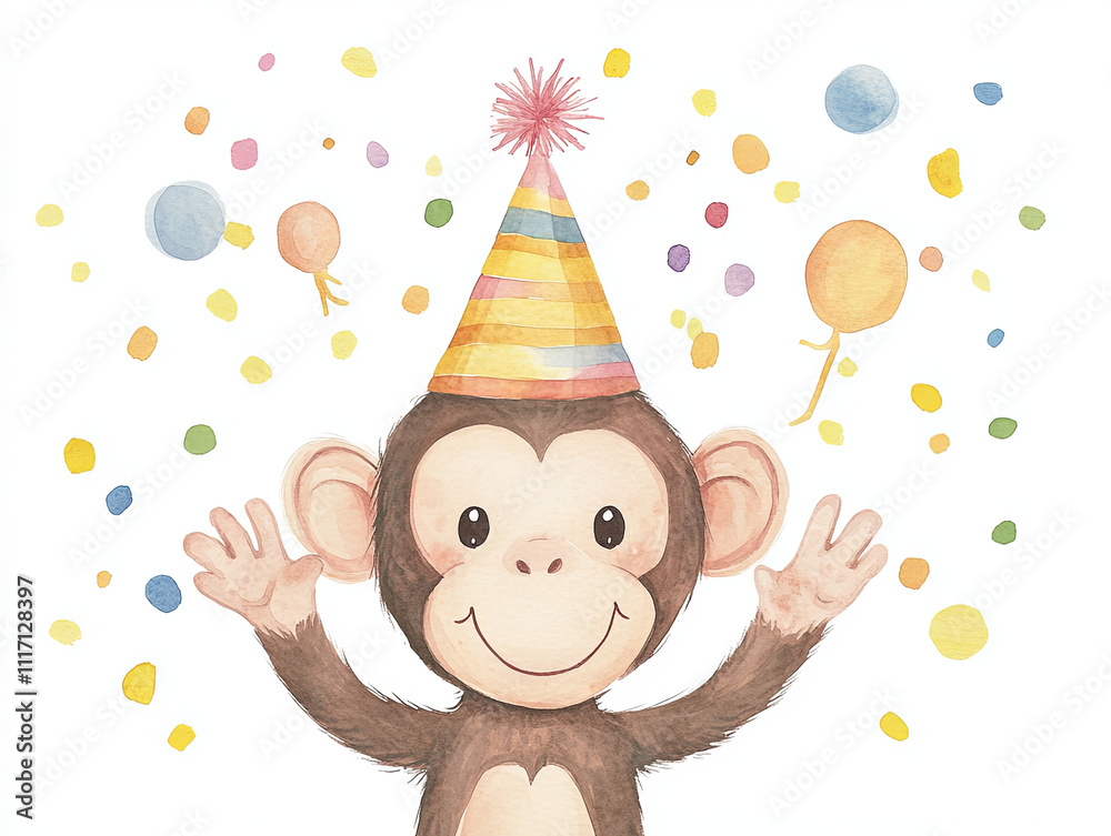 Naklejka premium whimsical watercolor illustration of monkey wearing party hat, celebrating with colorful confetti and balloons. This cheerful scene evokes joy and fun