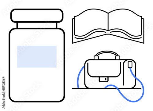Jar with label, open book, and briefcase with handle and strap. Ideal for education, storage, business, organization, lifestyle, professionalism, everyday use. Line metaphor
