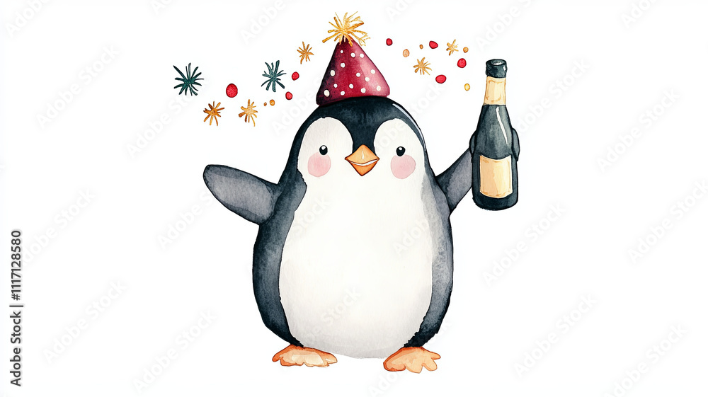 Obraz premium whimsical watercolor illustration of cheerful penguin celebrating with party hat and bottle. This festive scene captures joy and fun in playful style