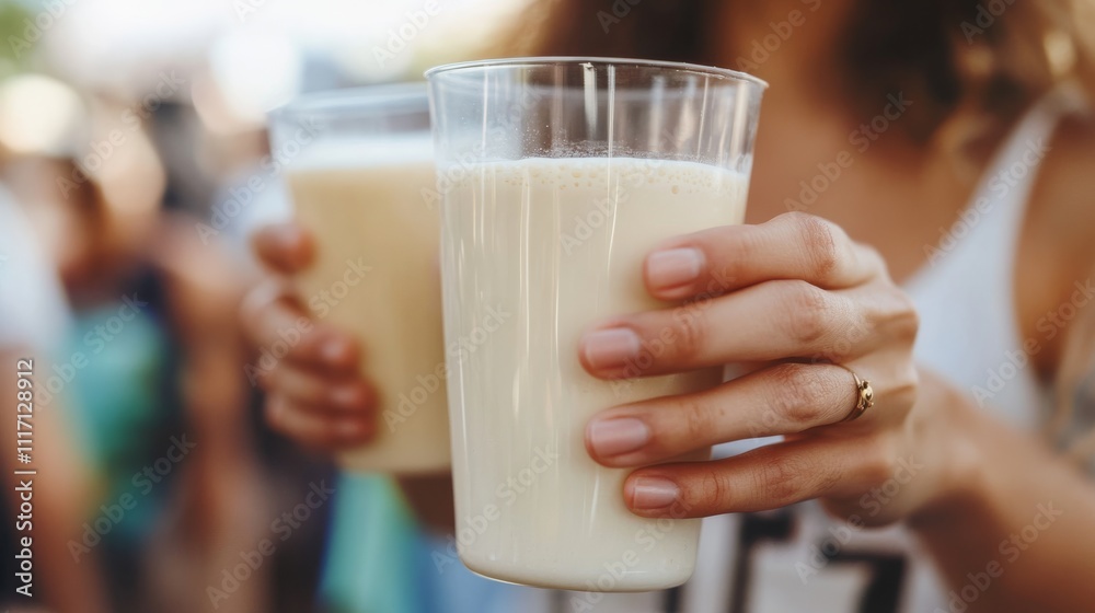 Two glasses of creamy beverage are held by a person, surrounded by a lively outdoor atmosphere. Two glasses of creamy beverage are held by a person, surrounded by a lively outdoor atmosphere.