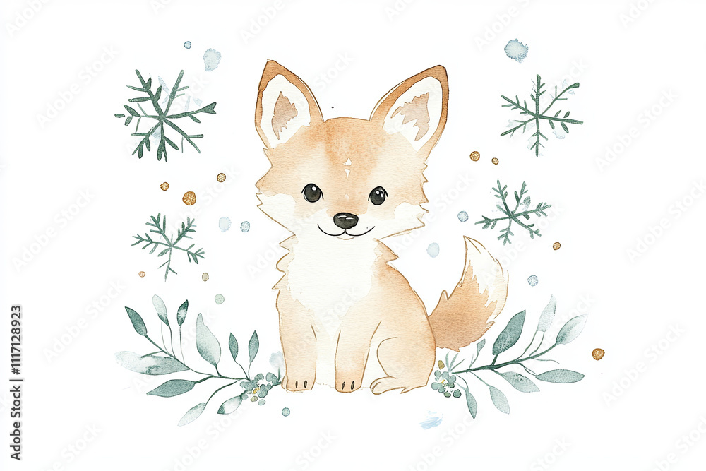 Fototapeta premium whimsical watercolor illustration of cute wolf cub surrounded by snowflakes and greenery, evoking sense of joy and playfulness in winter setting
