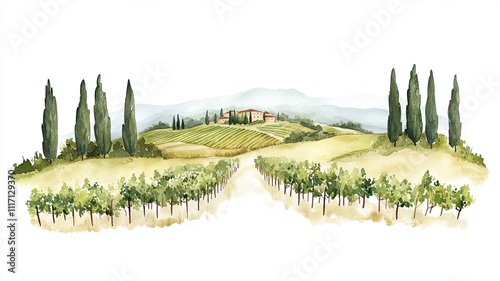 serene watercolor landscape featuring rolling vineyards, cypress trees, and rustic farmhouse in distance, evoking peaceful countryside atmosphere