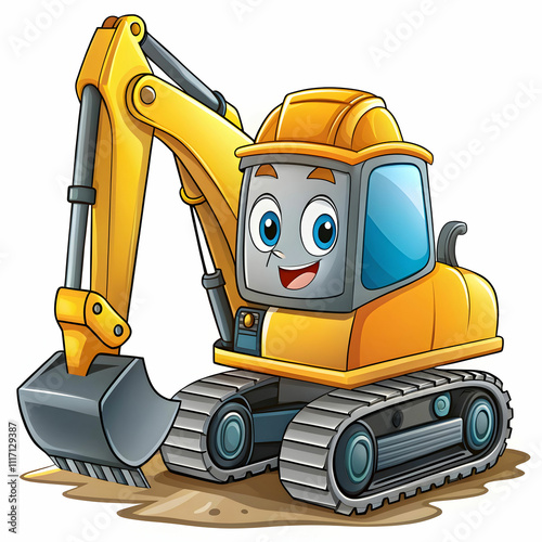A cartoon-style construction material delivery scene, featuring an excavator