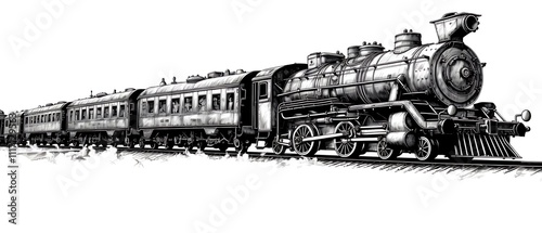 Vintage steam locomotive train with carriages, black and white illustration.