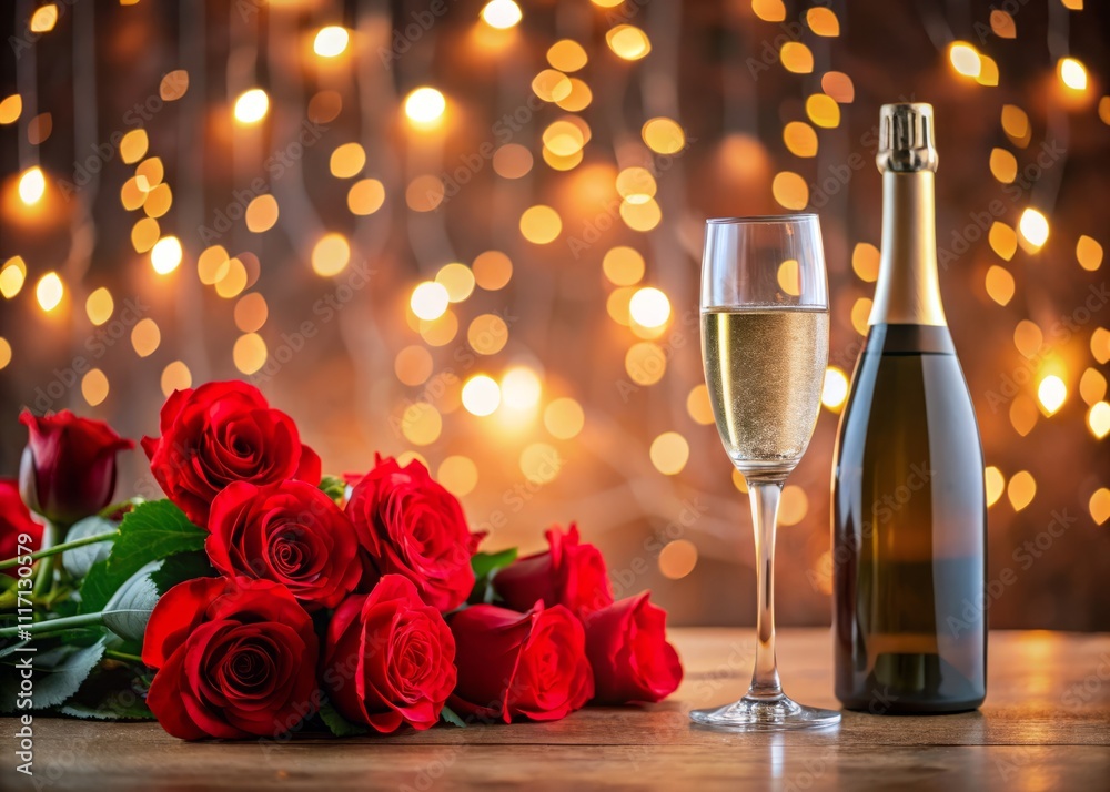 Romantic Champagne and Red Roses with Bokeh Background for Valentine's Day Celebration, Perfect for Love and Affection, Elegant Dinner Settings, and Special Moments Romantic Champagne and Red Roses with Bokeh Background for Valentine's Day Celebration, Perfect for Love and Affection, Elegant Dinner Settings, and Special Moments