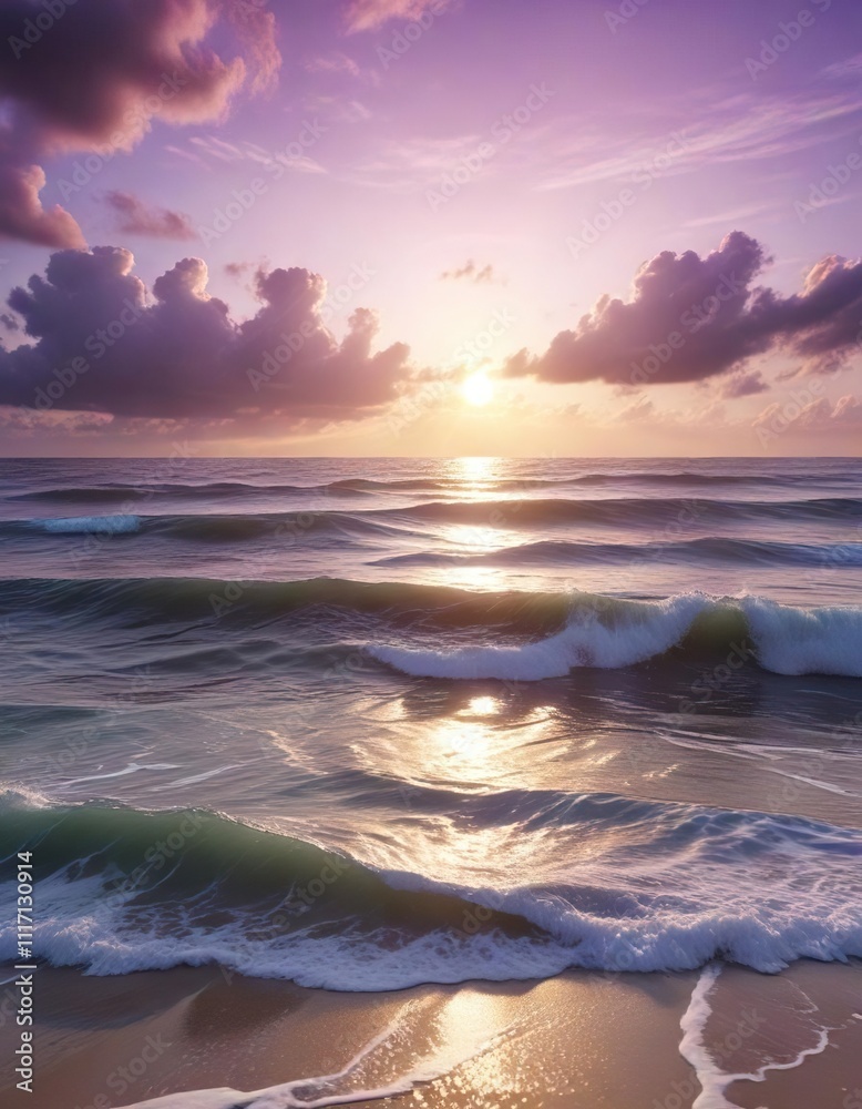 Fototapeta premium A tranquil seaside scene with a cloudy purple sky and sun rays dancing on the waves, sun, wave