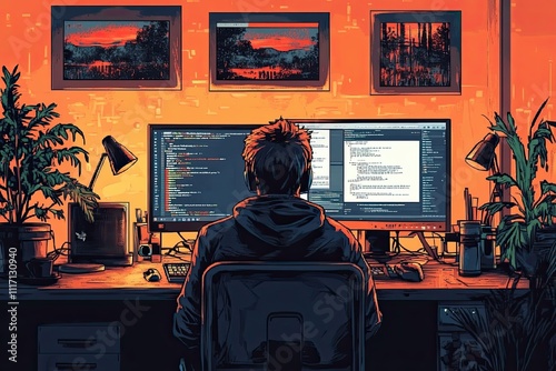 Person working on computer with dual screens 
