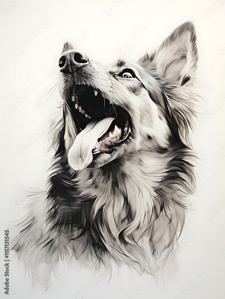 Naklejka premium Monochrome portrait of a happy wolfdog looking up, panting with its tongue out.