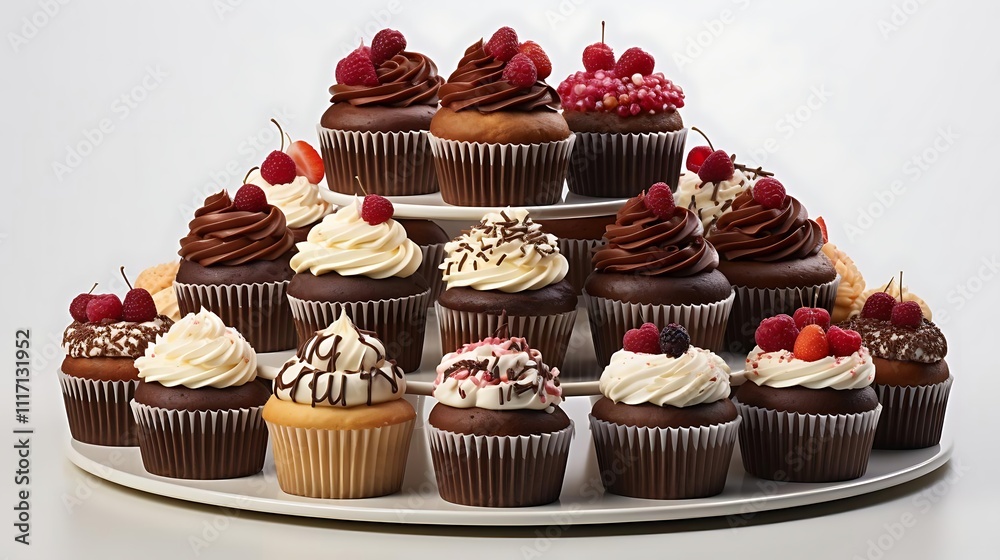 A tiered display showcasing an assortment of delicious cupcakes with chocolate and vanilla frosting, adorned with various toppings like raspberries, cherries, and sprinkles. A tiered display showcasing an assortment of delicious cupcakes with chocolate and vanilla frosting, adorned with various toppings like raspberries, cherries, and sprinkles.