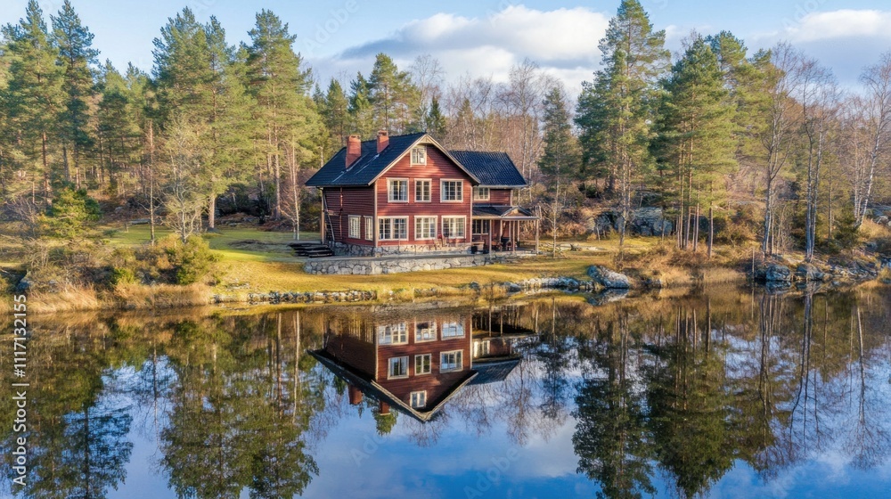 Fototapeta premium A serene lakeside house surrounded by trees, reflecting beautifully in the water.