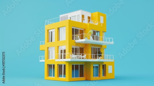 Colorful yellow apartmant house model on blue background photo