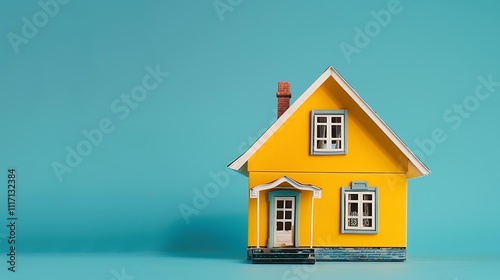 Colorful yellow apartmant house model on blue background photo