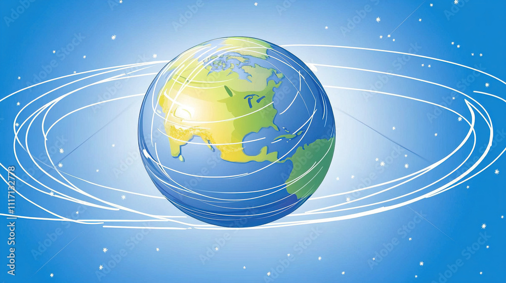 Earth axis diagram illustration showing the tilt of the Earth's rotational axis relative to its orbital plane, explaining the cause of seasonal changes and the distribution of sunlight. Earth axis diagram illustration showing the tilt of the Earth's rotational axis relative to its orbital plane, explaining the cause of seasonal changes and the distribution of sunlight.