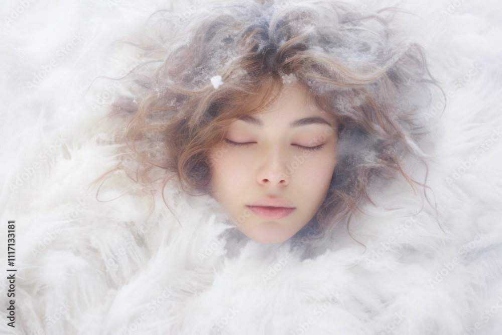A breathtaking woman with bright eyes and a calm demeanor is lying asleep on a pristine snowy surface, her hair fanned out around her like a halo. A breathtaking woman with bright eyes and a calm demeanor is lying asleep on a pristine snowy surface, her hair fanned out around her like a halo.