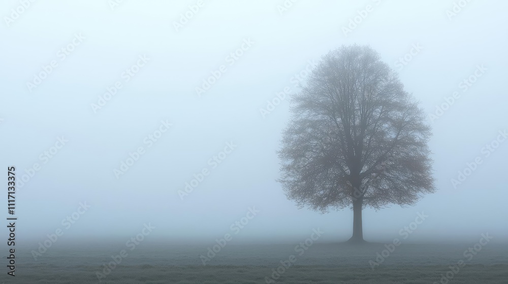 Solitary tree in foggy field, tranquil and mystic atmosphere. Solitary tree in foggy field, tranquil and mystic atmosphere.