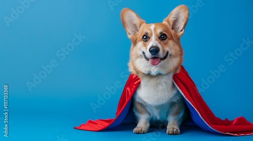 Corgi in a superhero cape on blue background photo