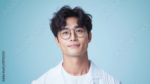 a beautiful young Asian man doctor has a chart, Capture the character in a pose of treatmenting a masterpiece, set against a backdrop of a clinic studio. 