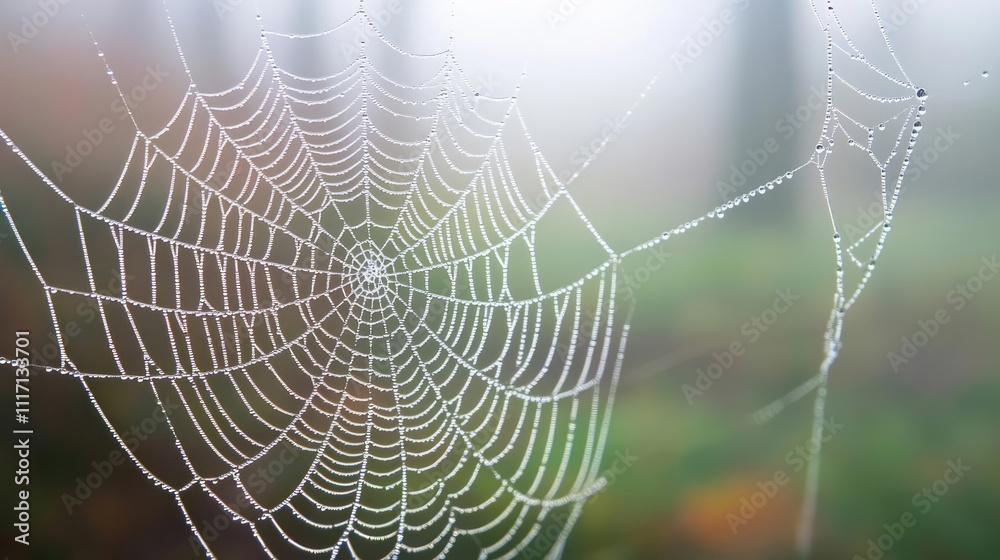 Naklejka premium Close-up of a delicate spider web glistening with dew in a foggy forest.
