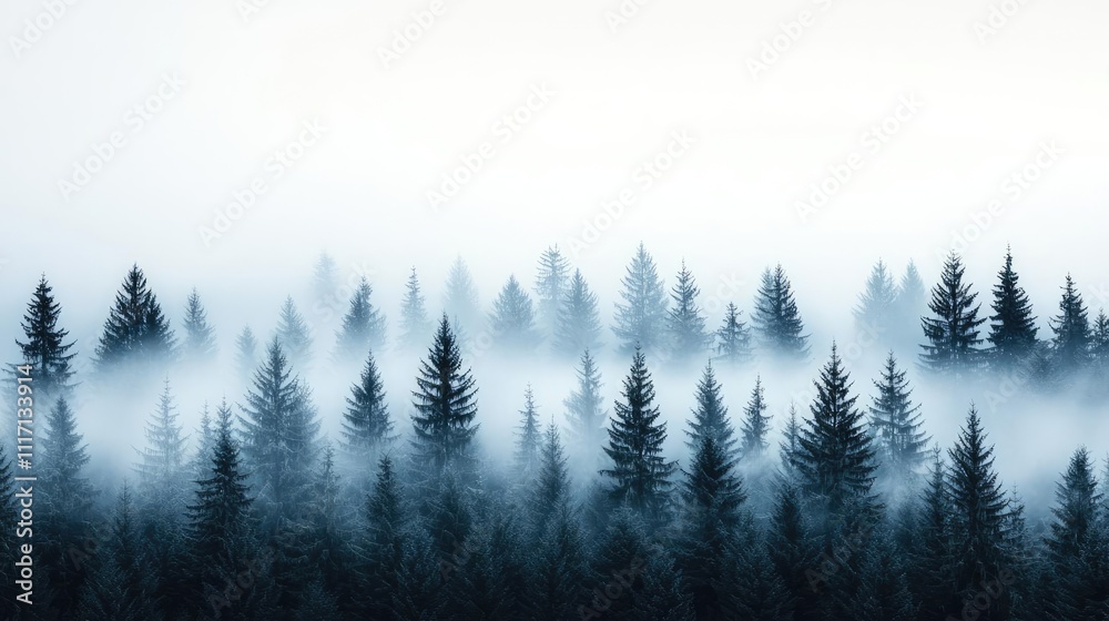 Dense fog blanketing forest trees fading into mist soft blur effect serene atmosphere wide-angle view ample copy space ethereal calmness Dense fog blanketing forest trees fading into mist soft blur effect serene atmosphere wide-angle view ample copy space ethereal calmness