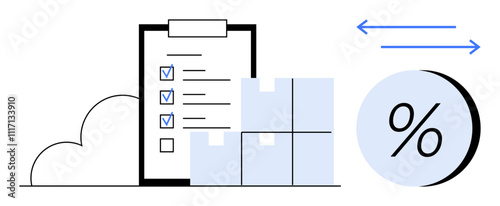 Clipboard with checklist, stacked storage boxes, percentage symbol, and cloud icon. Ideal for inventory management, logistics, warehouse operations, supply chain, business planning, data analysis