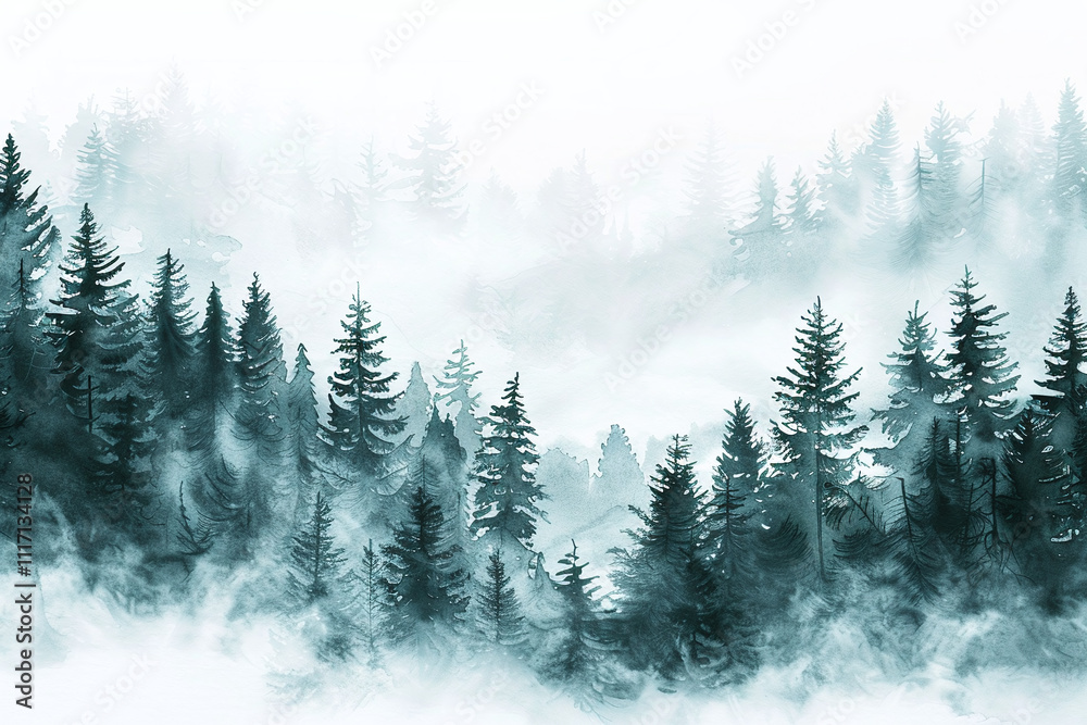 Fototapeta premium Soft watercolor illustration of a pine trees forest with white background sky