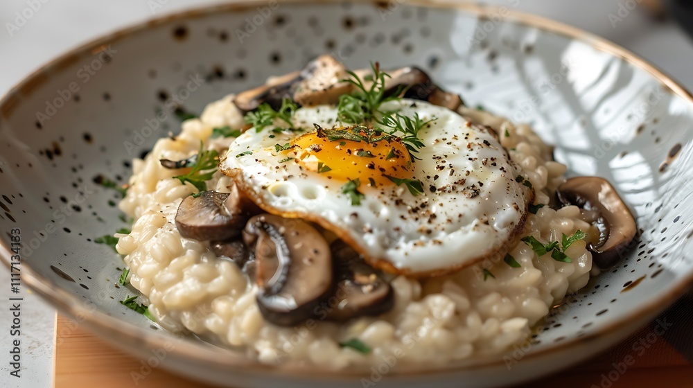 Creamy risotto with mushrooms and a fried egg on top Creamy risotto with mushrooms and a fried egg on top