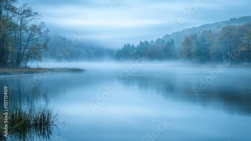 Serene lake surrounded by misty hills and gentle trees at dawn.