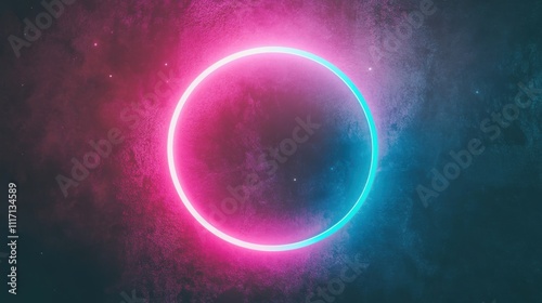 A futuristic glowing neon circle with vibrant pink and blue hues against a textured dark background, radiating modern energy.