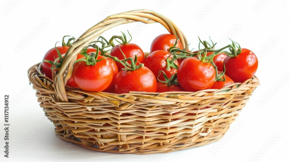 A woven basket filled with ripe red tomatoes, showcasing their vibrant color and fresh appearance. A woven basket filled with ripe red tomatoes, showcasing their vibrant color and fresh appearance.