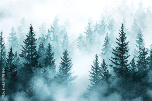 Watercolor illustration of coniferous trees, spruce trees. Winter landscape background, conifer, snow, outdoor, snowy rural landscape. Mysterious fir or pine trees for winter Christmas design.