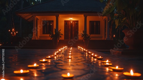 Beautifully lit Diwali diyas lining the pathway to a traditional Indian home's entrance photo