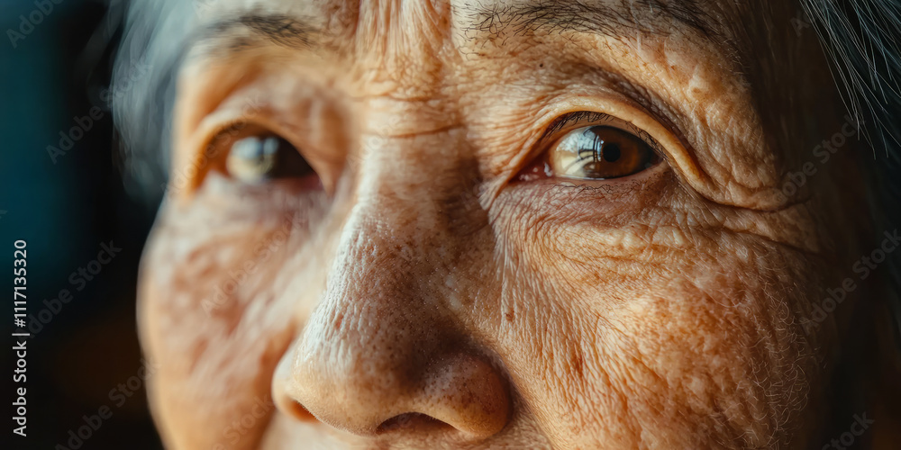 Close up of an elderly Asian woman's face, generative AI
