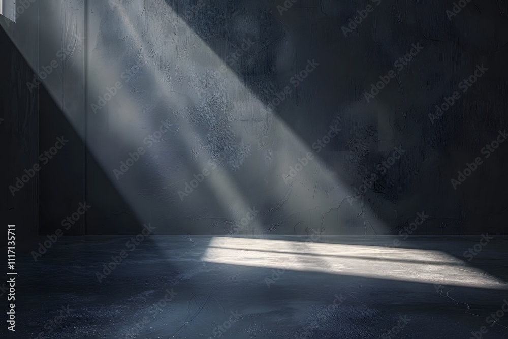 A dimly lit room with light beams illuminating a concrete floor. A dimly lit room with light beams illuminating a concrete floor.