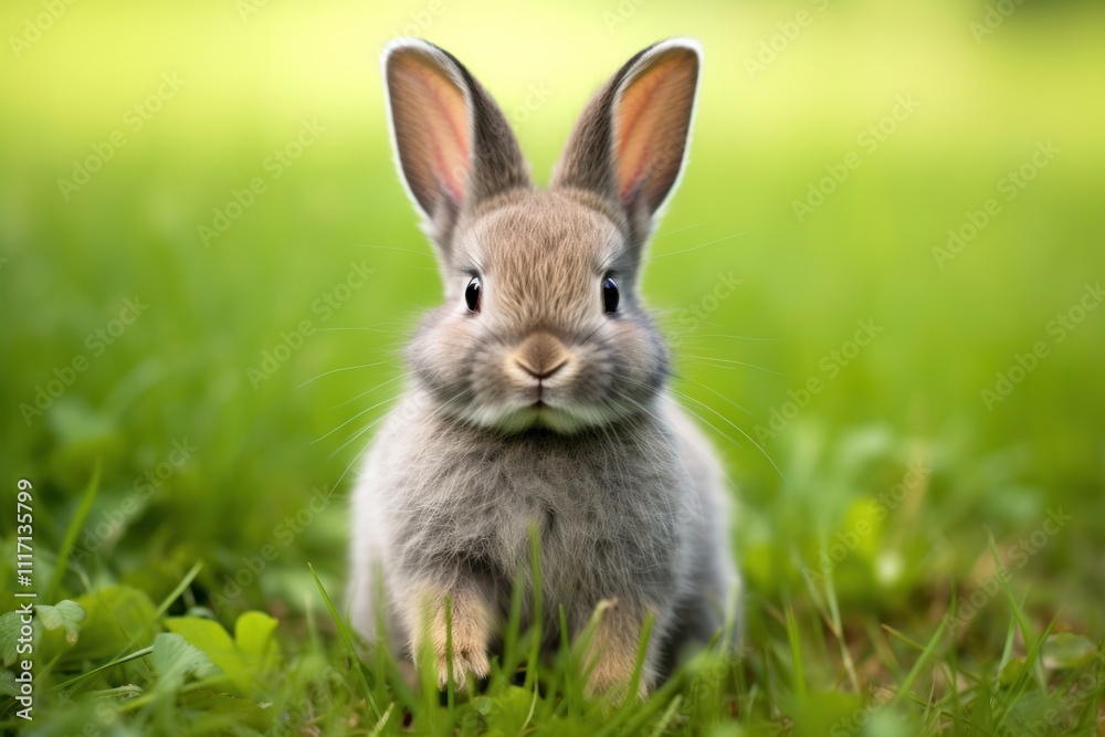 An adorable gray bunny with a round face and chubby cheeks, nestled comfortably in a bed of fresh green grass. Its ears flop to the side An adorable gray bunny with a round face and chubby cheeks, nestled comfortably in a bed of fresh green grass. Its ears flop to the side