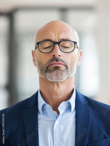 Corporate leader meditating to gain mental clarity and stress relief, prepare to announce transformative company changes. Mindfulness and focus in leadership for workplace resilience and productivity.