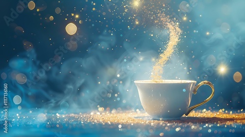 Cup filled with shimmering stardust on blue background