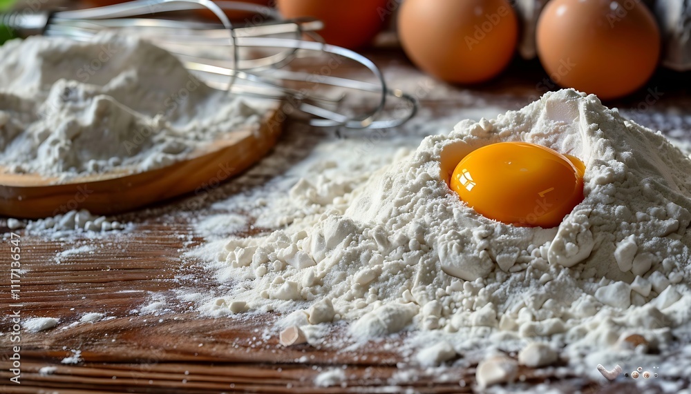 Flour, eggs, and whisk on a wooden table, inviting baking atmosphere, perfect background for recipes. Flour, eggs, and whisk on a wooden table, inviting baking atmosphere, perfect background for recipes.