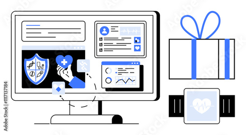 Computer screen with health data applications, gift box with blue ribbon, and smartwatch. Ideal for healthcare, gift giving, technology, wellness, fitness office digital health. Line metaphor
