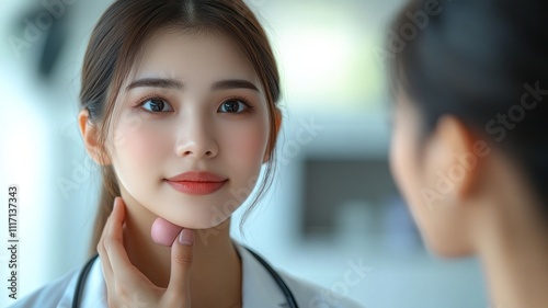 Asian doctor examining a young woman's neck and hand on lymph nodes.