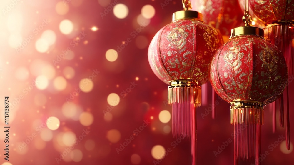 Obraz premium Traditional Lunar New Year lanterns, red and gold theme, delicate patterns, warm festive lighting.