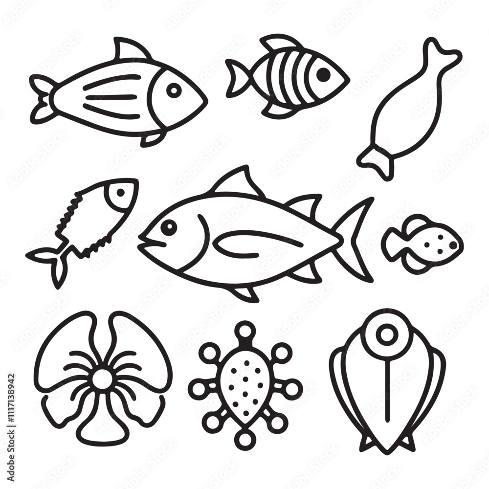 Fototapeta premium Seafood and fish glyph icon set vector illustrator. Engraved fish bream, mackerel, tuna or sterlet, catfish, codfish and halibut, lobster