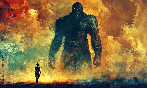 Digital Painting of an Ancient Warrior Facing a Giant