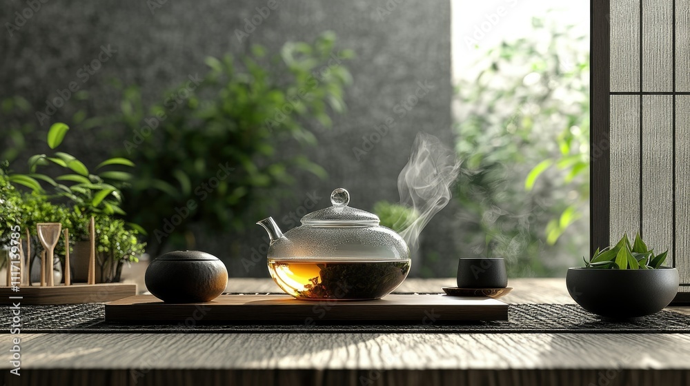 A serene tea setup with a teapot, cups, and plants, evoking relaxation and mindfulness. A serene tea setup with a teapot, cups, and plants, evoking relaxation and mindfulness.