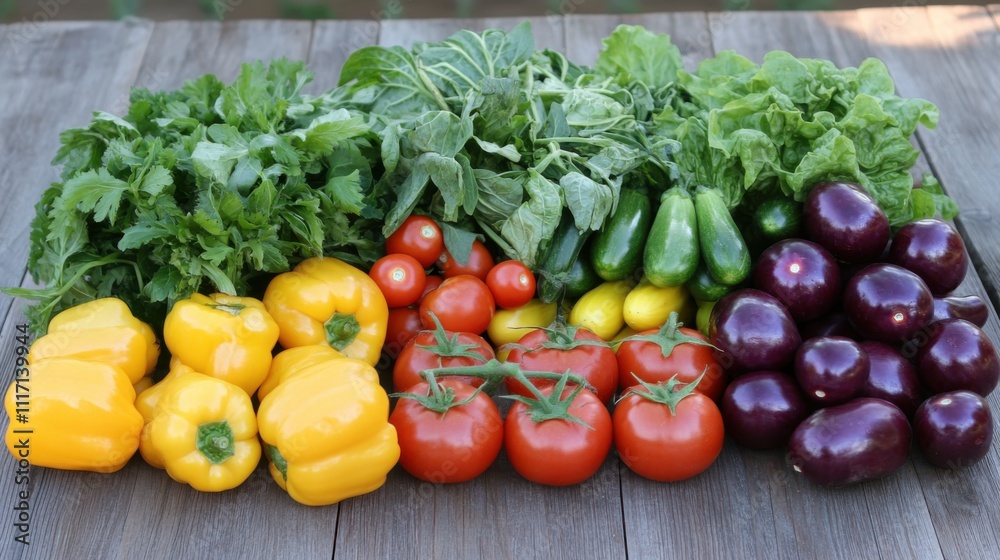 Fresh Harvest of Colorful Vegetables Displayed on Rustic Wooden Table Featuring Tomatoes, Peppers, Eggplants, and Leafy Greens Perfect for Healthy Cooking Inspiration Fresh Harvest of Colorful Vegetables Displayed on Rustic Wooden Table Featuring Tomatoes, Peppers, Eggplants, and Leafy Greens Perfect for Healthy Cooking Inspiration