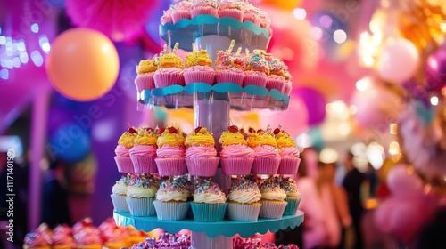 Colorful cupcake tower displayed at a festive event