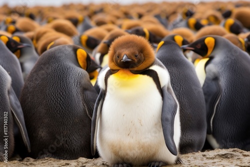 King Penguin adult amidst a dense crowd of nearly grown chicks, the young penguins huddling close on the sandy shores of Volunteer Point in the Falklands photo